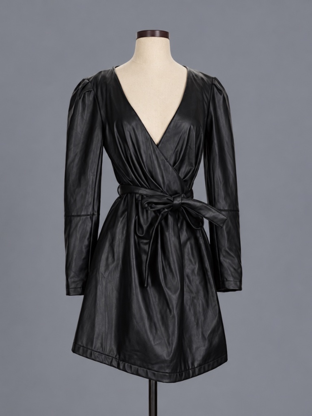 7 For All Mankind Black Faux Leather Wrap Mini Dress – Size XS